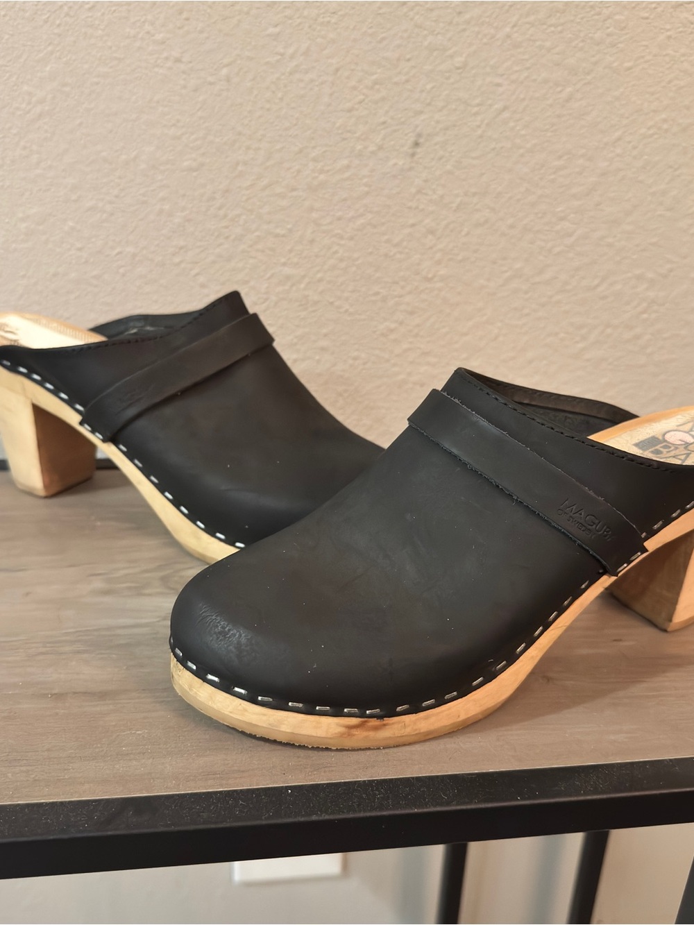 Maguba Stockholm Swedish Clogs Black Leather Wooden Heel Mules EU 41 US 9.5 - Picture 3 of 6